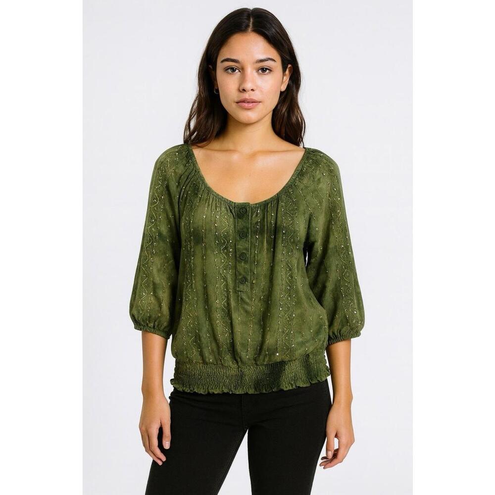 Vintage 90s y2k top blouse large L green forest fairy sequin dark granola fall